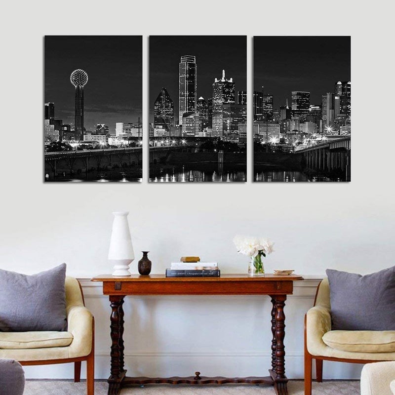 NAN Wind 3 Pcs Wall Art Dallas Skyline Black & White Canvas Art Paintings For Room Decor Dallas Cityscape Skyscrapers Night Scene Picture Prints On Canvas For Home Decor Modern Giclee Framed - Image 4